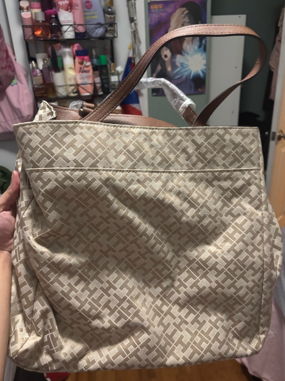 Beige Monogram Tote Bag with Brown Straps